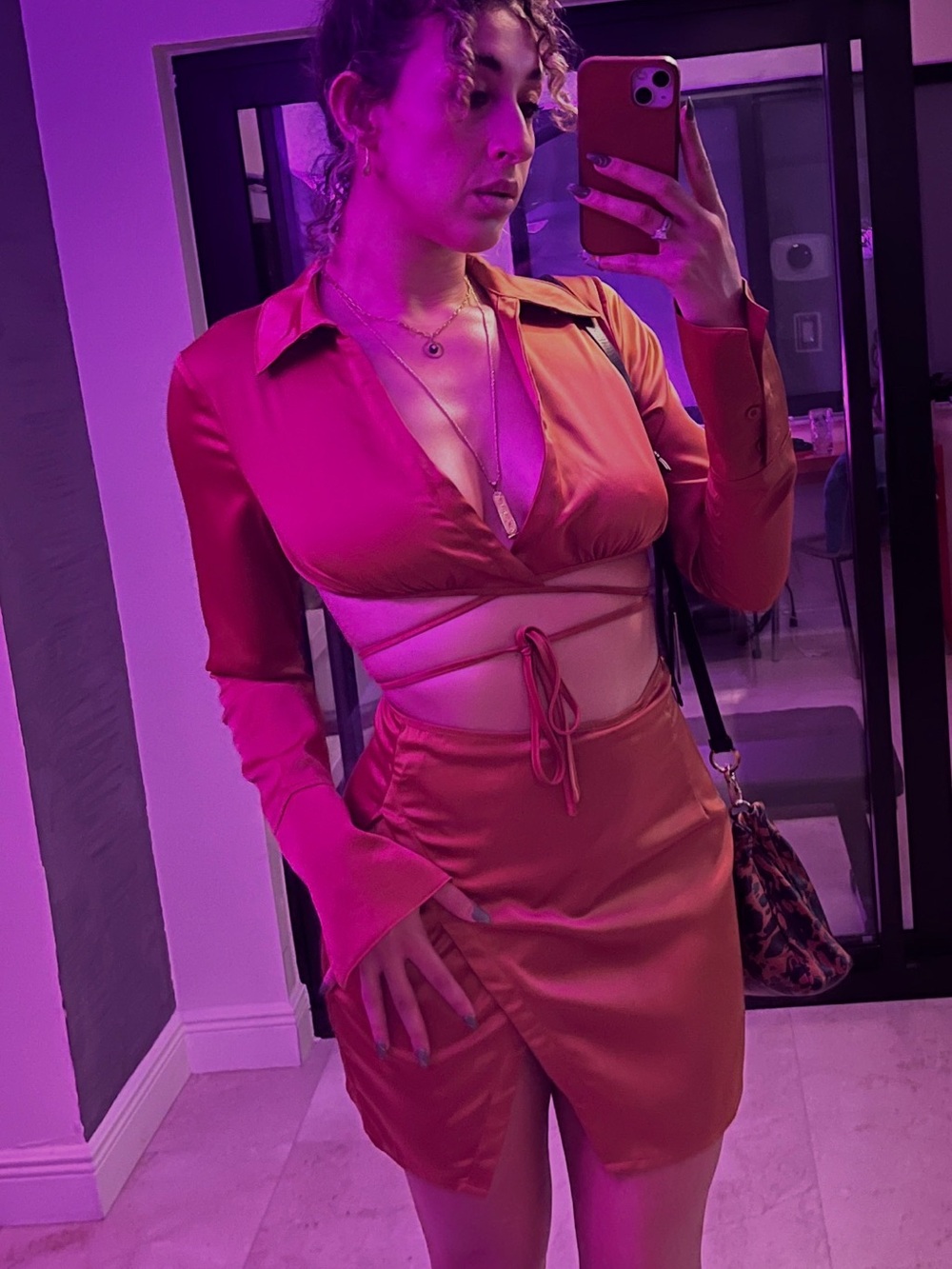 PrettyLittleThing Orange Satin Wrap Mini Skirt & Top